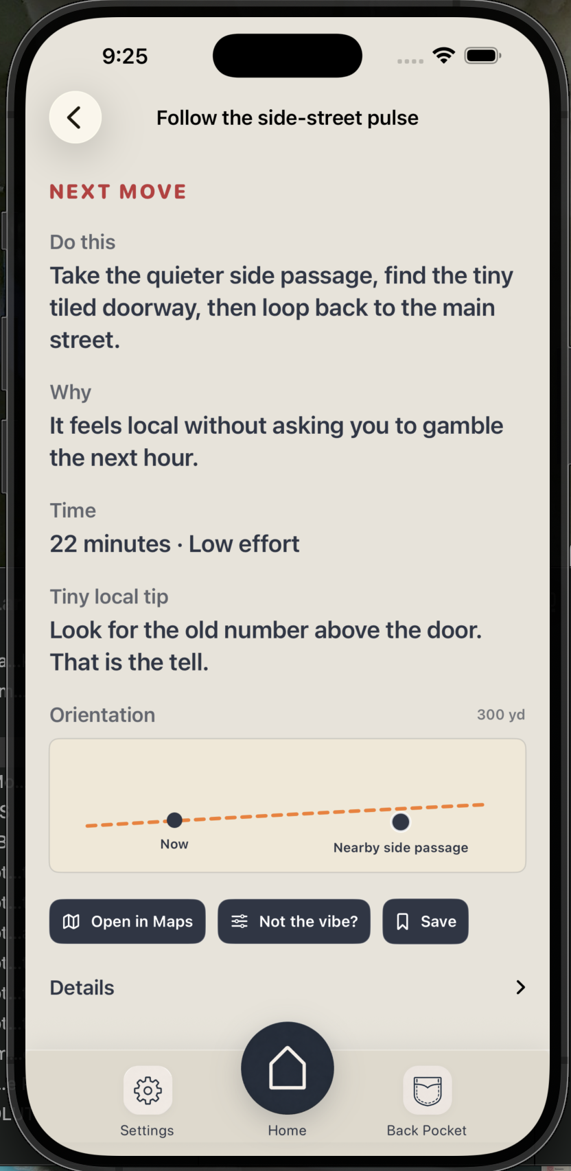 Local Magic Next Move detail screen inside an iPhone simulator frame