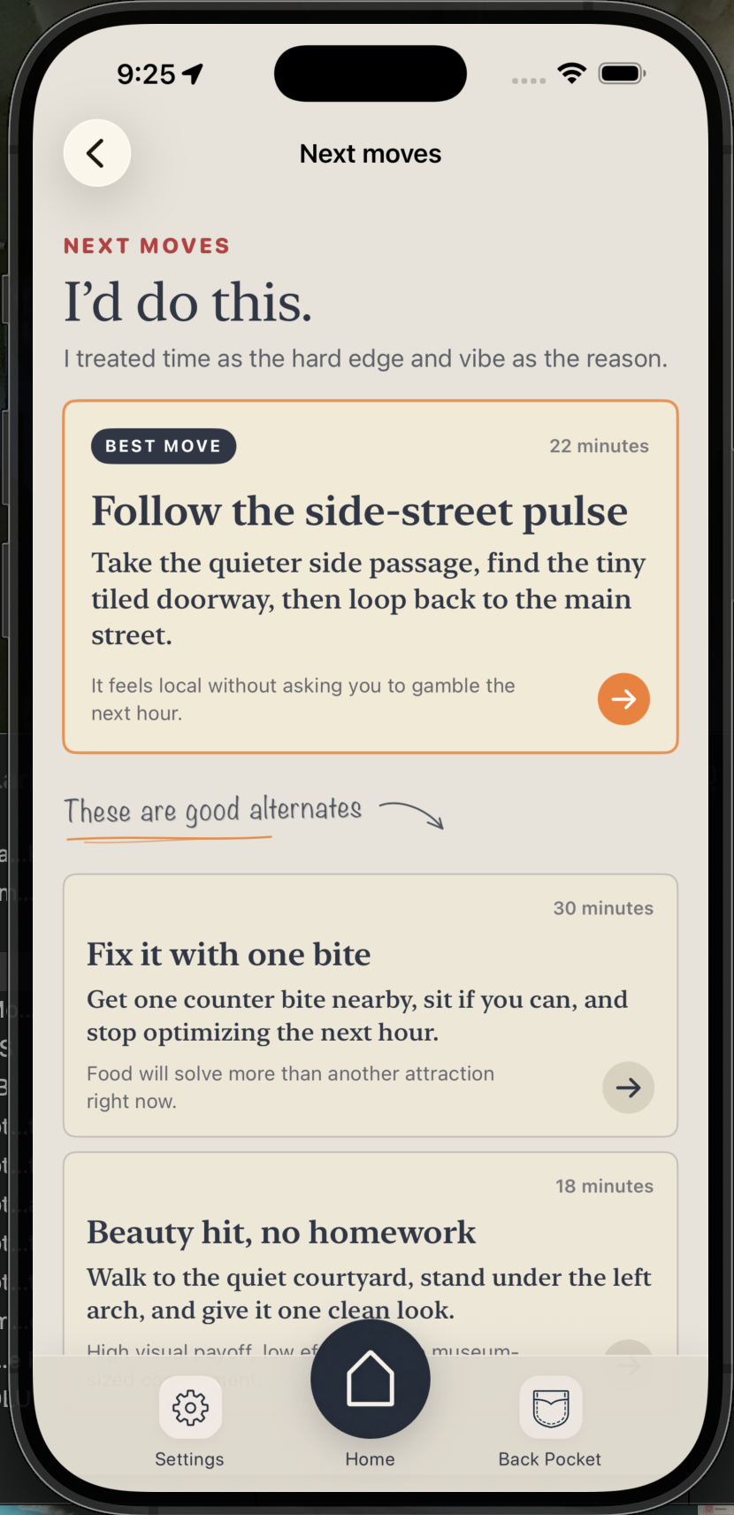 Local Magic Next Moves screen inside an iPhone simulator frame